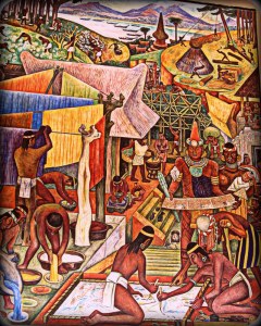 Sociedad indígena tiñendo telas en diferentes colores