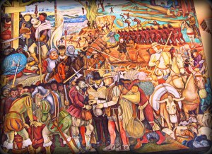 Desembarco de Hernán Cortes. Los conquistadores arrebatan todos los animales al pueblo azteca y lo esclavizan